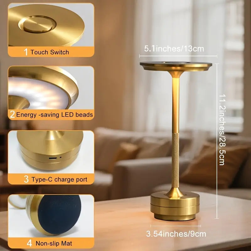 Modern Touch Control Bedside Table Lamp with USB Port & Adjustable Brightness - Golden Metallic Finish, USB-Powered LED Desk Lamp with USB Port